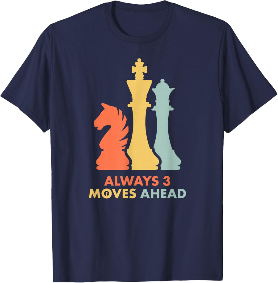Always 3 Moves Ahead, Retro Chess Player, Funny T-Shirt - Navy Blue