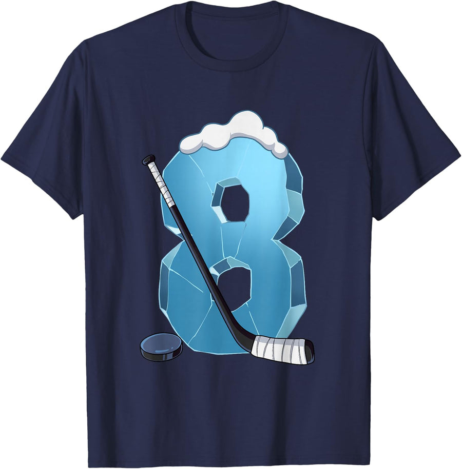 8th Birthday Ice Hockey T-Shirt - Navy Blue