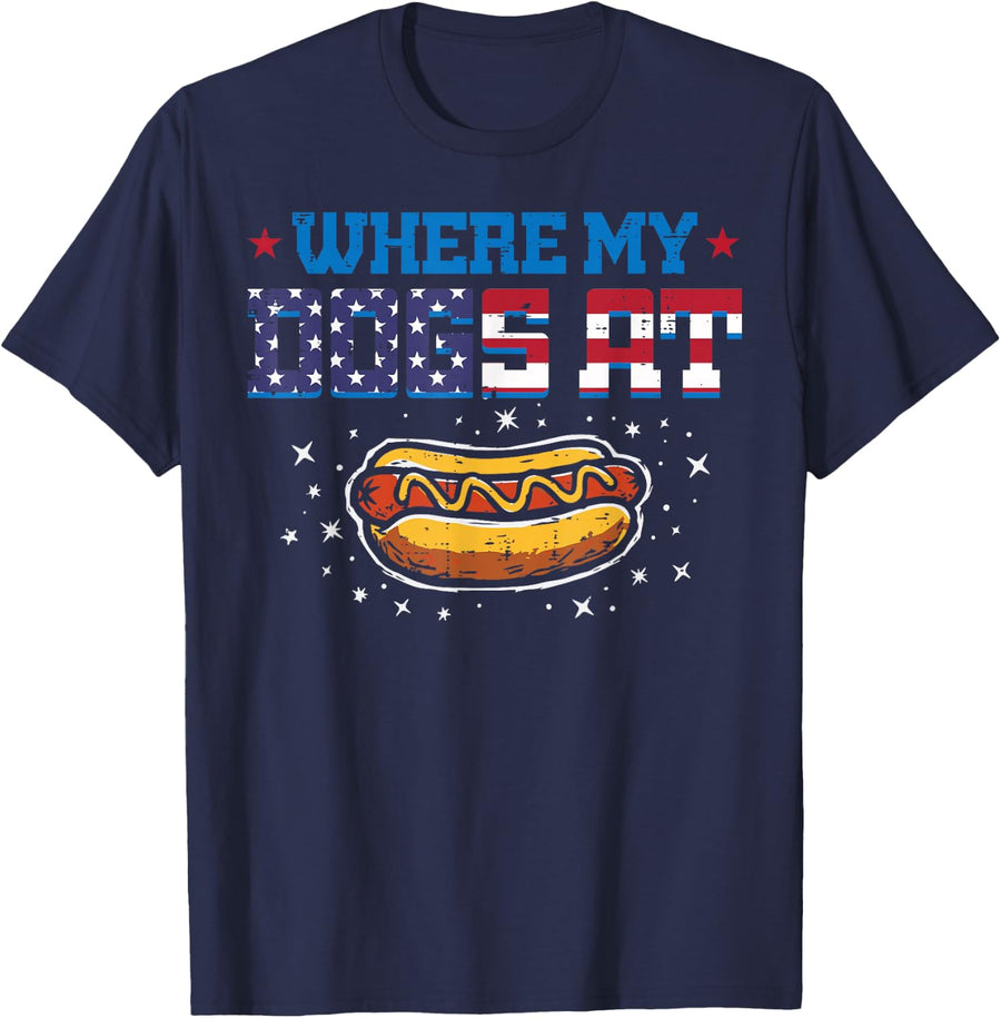 4th of July Hotdog Where My Dogs At Patriotic Men Women Kids T-Shirt - Navy Blue