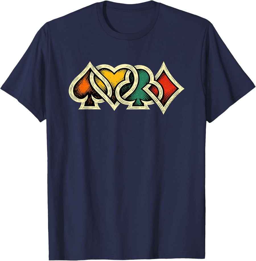 Playing Cards Suits Retro Colors Casino Poker T-Shirt - Navy Blue