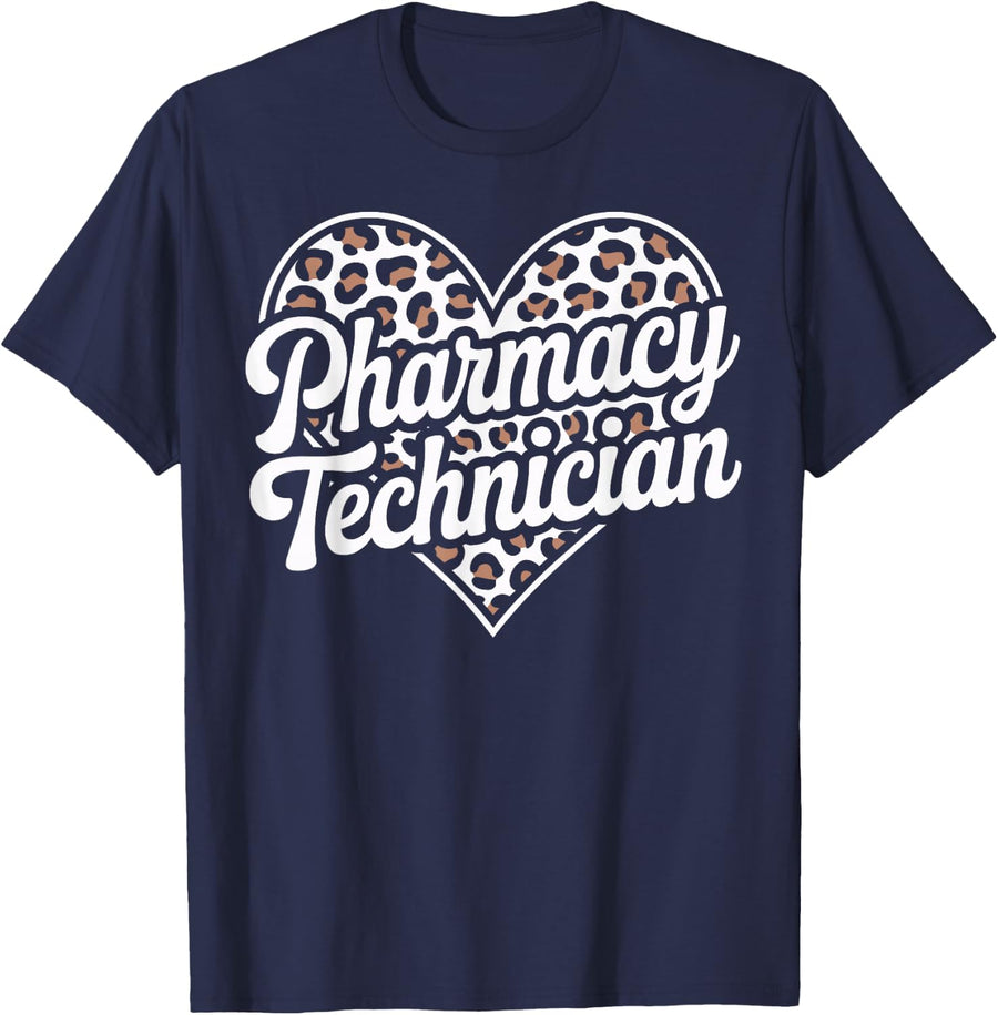 Certified Pharmacy Technician Leopard Heart T-Shirt Tee Pharmacist Tech Gift - Navy Blue