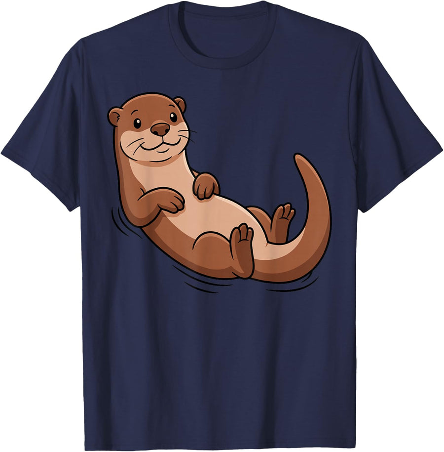 Cute Otter Wildlife River Cartoon Art T-Shirt - Navy Blue