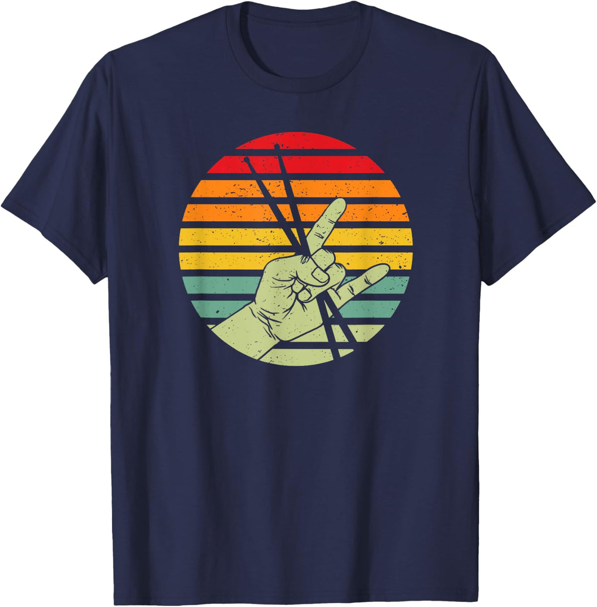 Vintage Drummer Drum Sticks Gift Rock & Roll Hand Horns T-Shirt - Navy Blue
