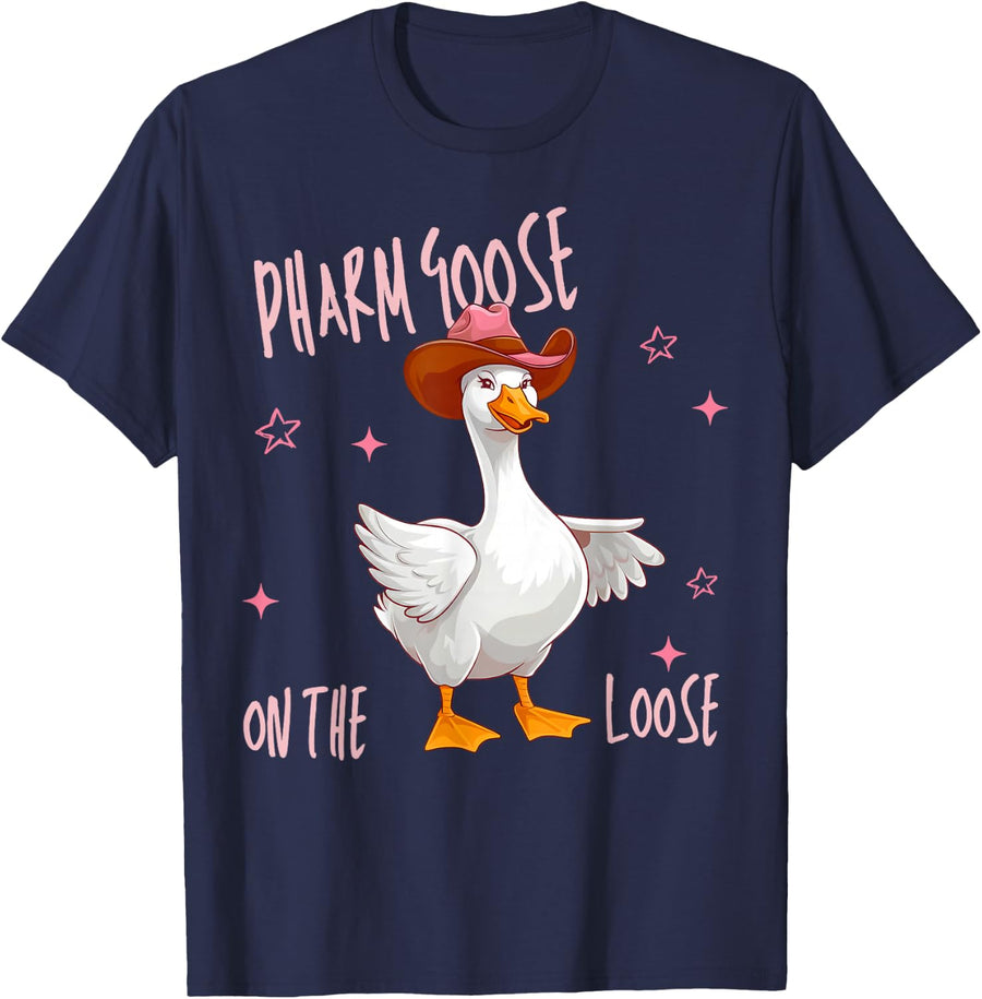 Cowboy Pharmacist Goose On The Loose Funny Pharmacy Tech T-Shirt - Navy Blue