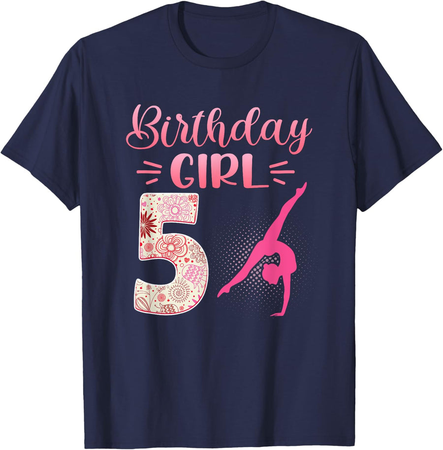 5th Birthday Girl Gymnastics Rainbow Gymnast 5 Years Old T-Shirt - Navy Blue