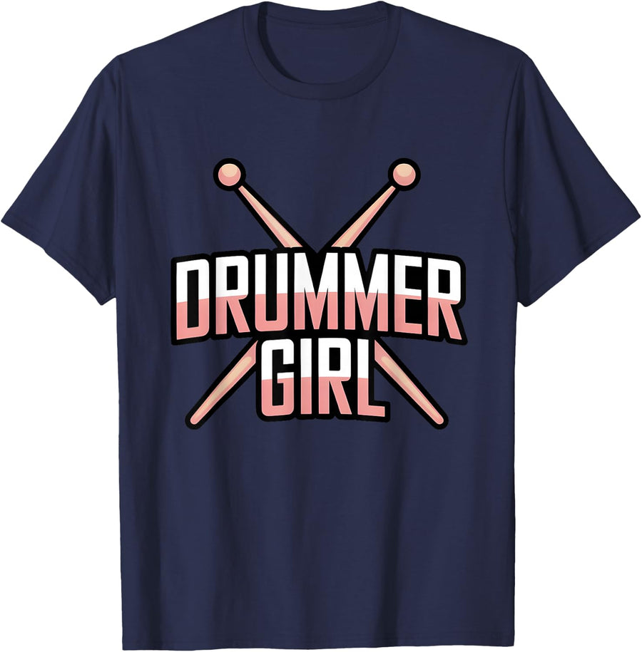 Drummer Girl Empowered Female Percussion Music Band T-Shirt - Navy Blue