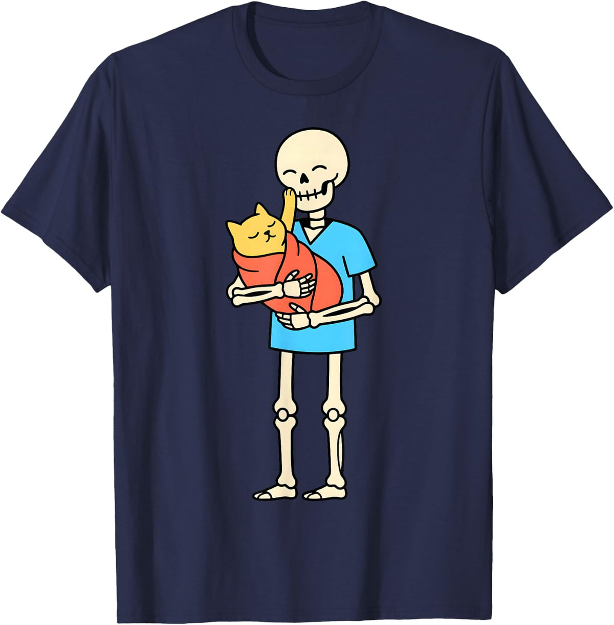 Vet Tech Skeleton Holding Cat Funny Halloween Veterinary T-Shirt - Navy Blue