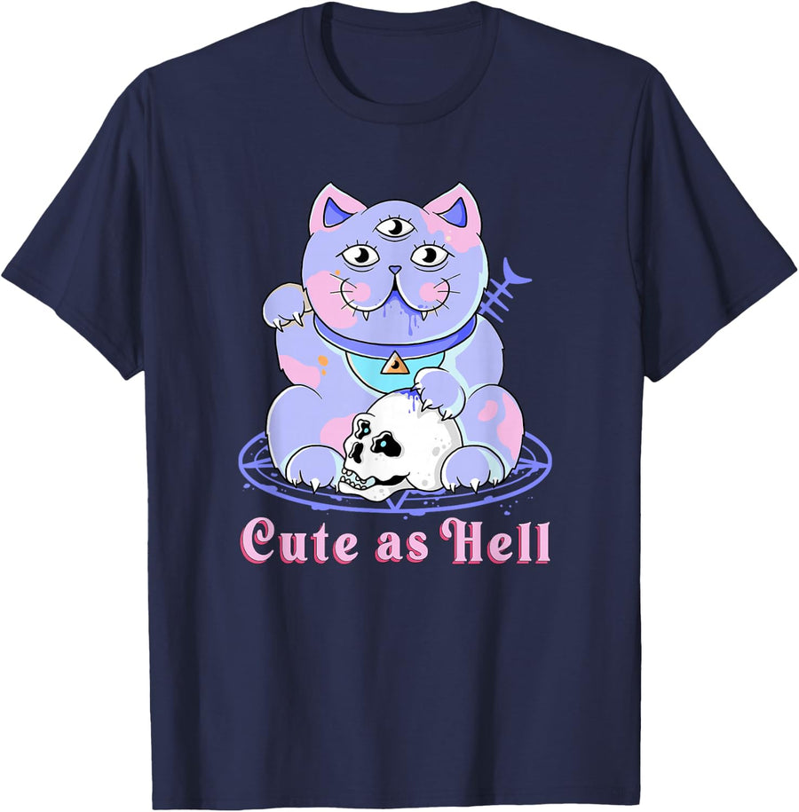 Cat Skull Pentagram Cute as Hell Satanic Pastel Goth Kawaii Men Women T-Shirt - Navy Blue