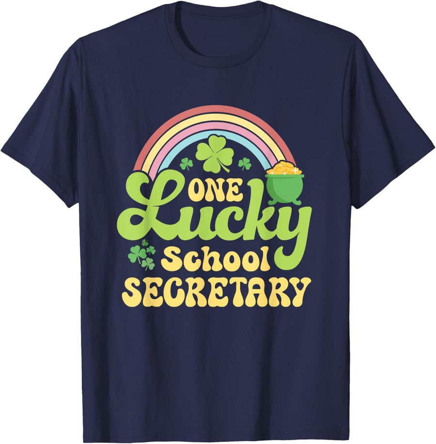 One Lucky School Secretary St Patricks Day Rainbow T-Shirt - Navy Blue