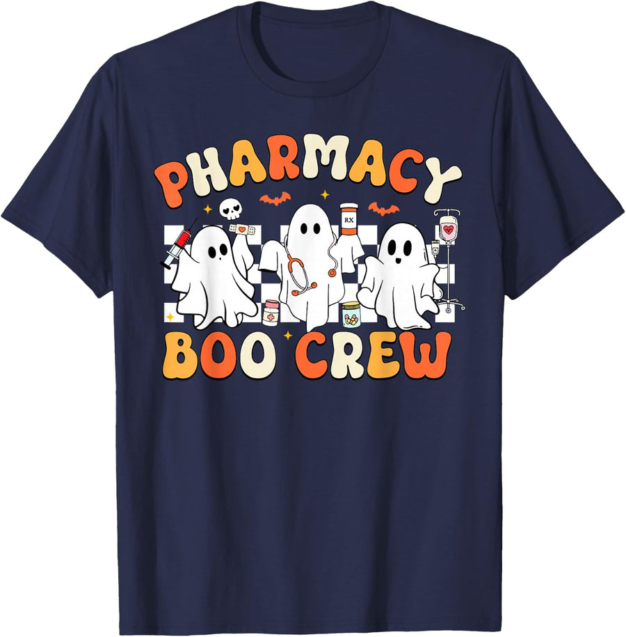Retro Pharmacy Boo Crew Ghost Pharmacist Tech Halloween T-Shirt - Navy Blue