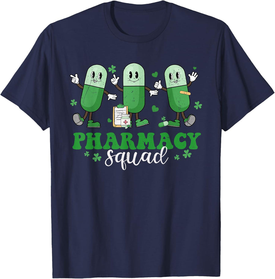 Pharmacy Squad Groovy Pharmacist St Patrick's Day Shamrock T-Shirt - Navy Blue