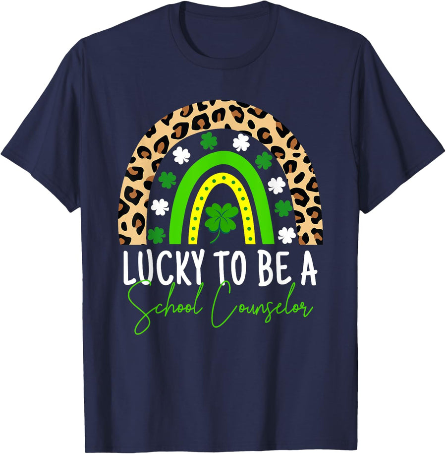 Lucky To Be A School Counselor St Patricks Day Rainbow Cute T-Shirt - Navy Blue