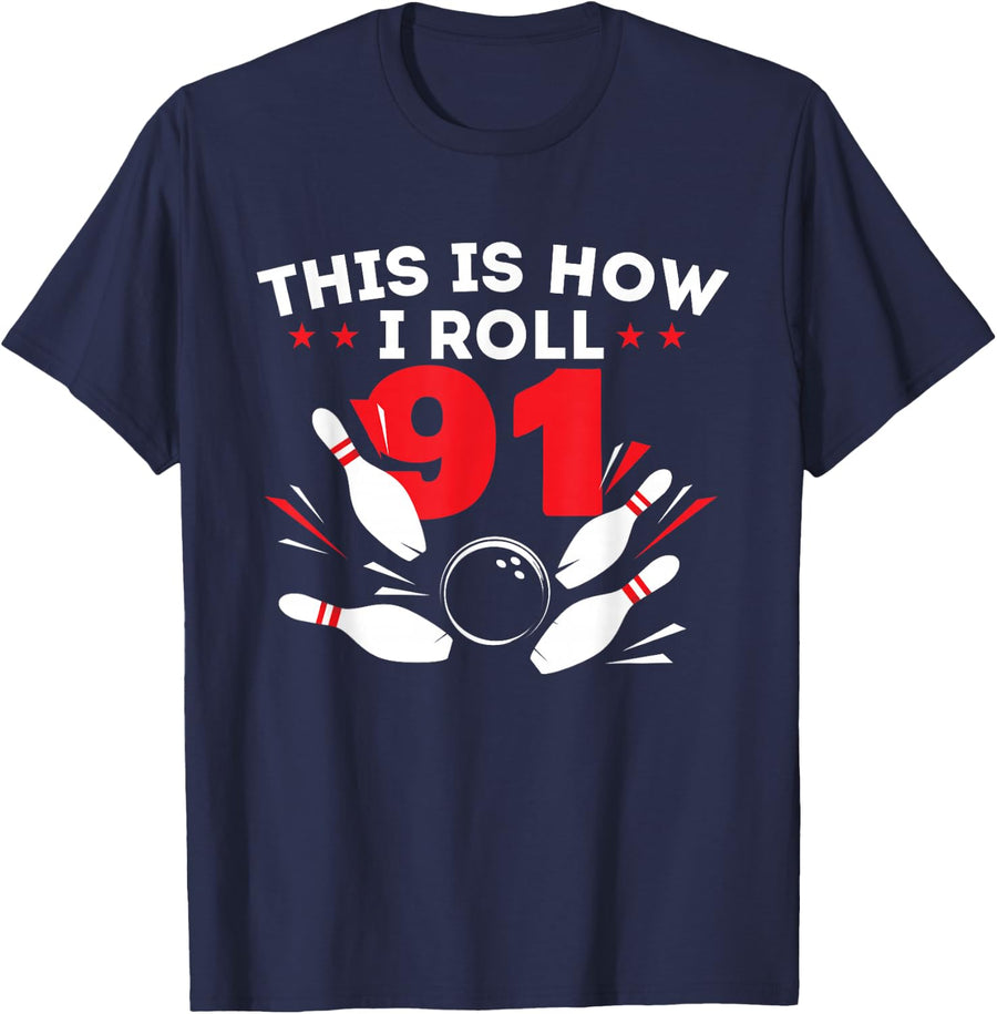 91st Birthday Bowling Lover 91 Years Old Bday T-Shirt - Navy Blue