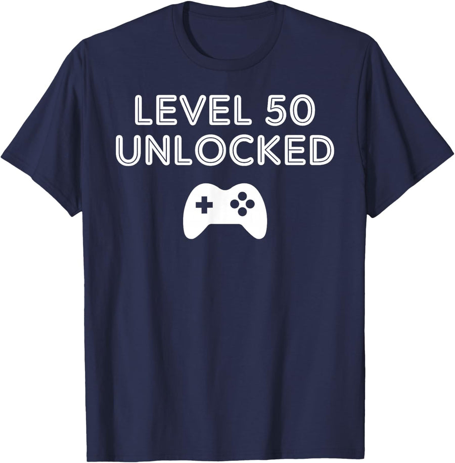 50th Birthday Shirt Gifts - Level 50 Unlocked Over The Hill T-Shirt - Navy Blue