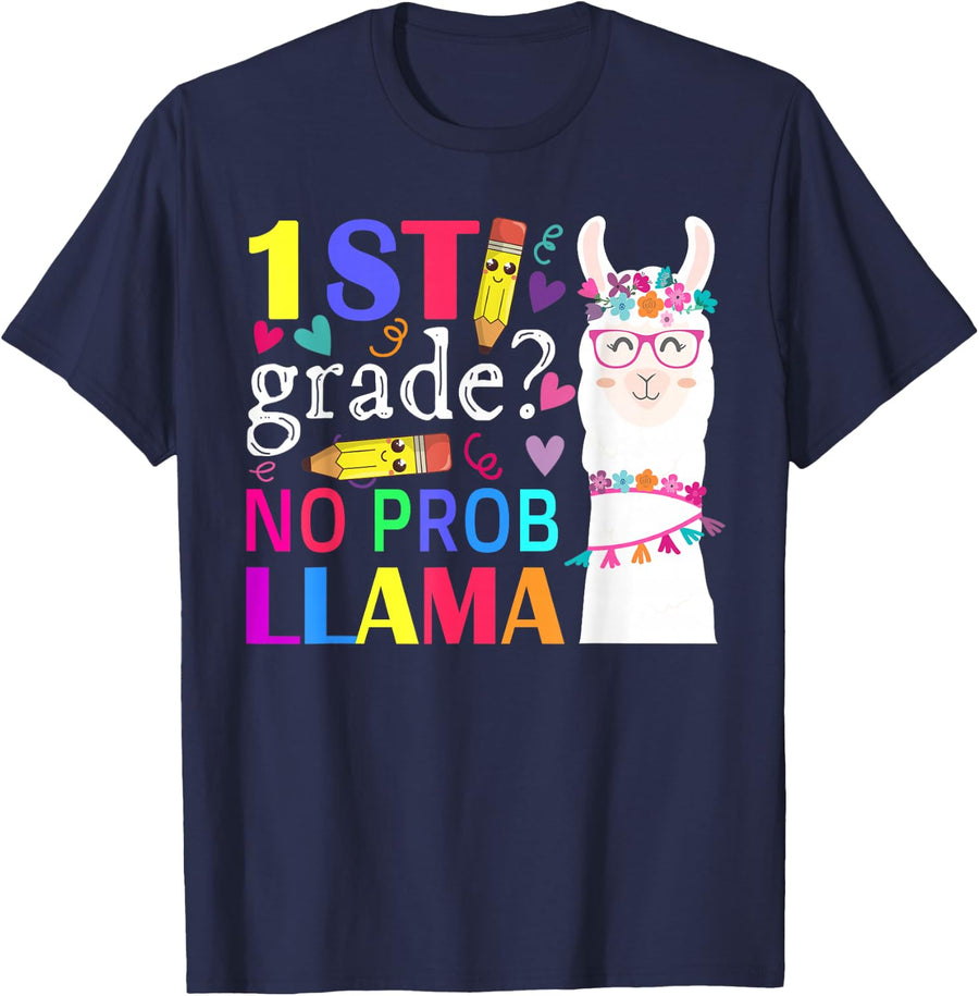 1st Grade No Prob-Llama Teacher Student First Day Of School T-Shirt - Navy Blue