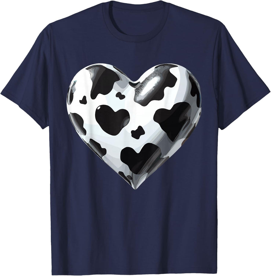 Cow Print Heart Animal T-Shirt - Navy Blue