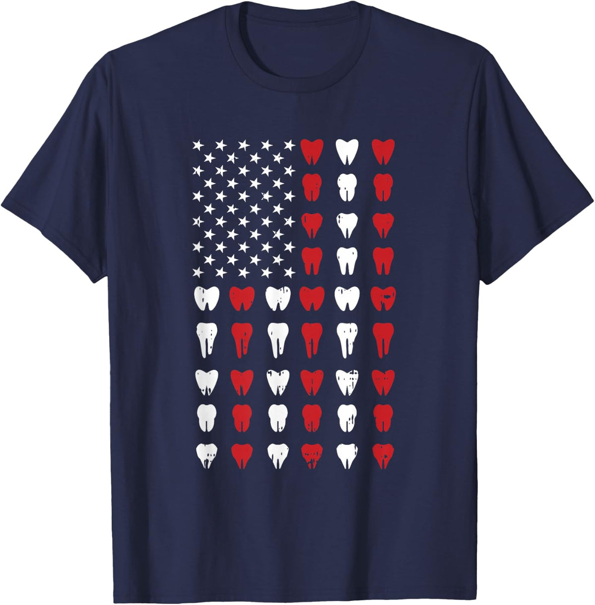 Teeth 4th of July Vintage Dental US Flag Patriotic Dentist T-Shirt - Navy Blue