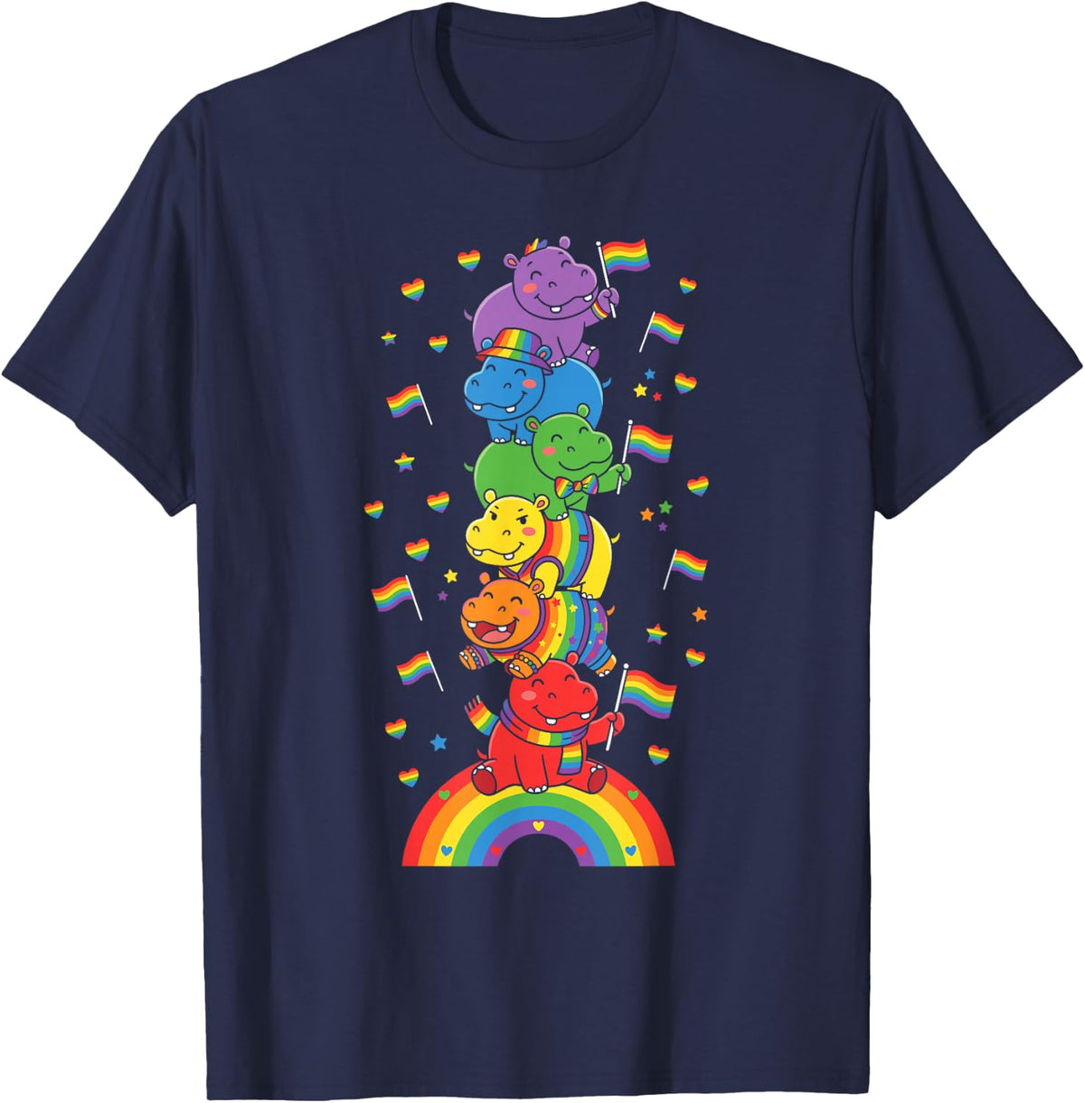 Funny LGBT Hippo Rainbow Lesbian Gay Pride Women Men T-Shirt - Navy Blue