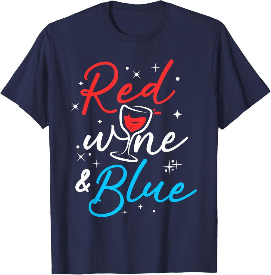 Women Red Wine and Blue Funny Wine Glass Fourth Of July T-Shirt - Navy Blue