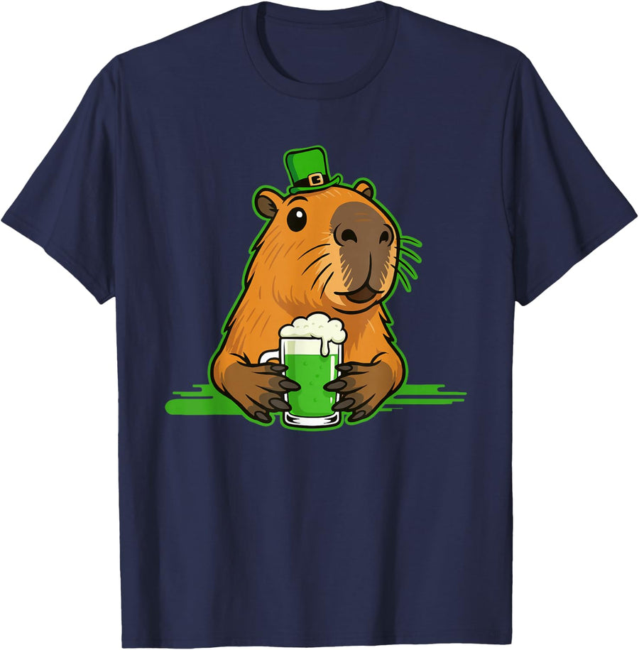 Capybara St Patty's Shamrock Beer Funny St Patrick's Day T-Shirt - Navy Blue