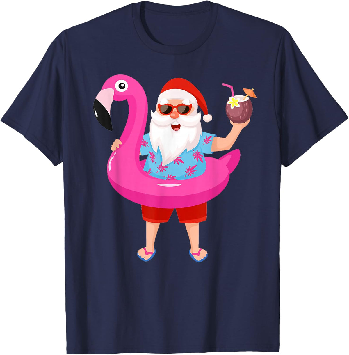 Christmas in July Santa hawaii Sunglasses Flamingo gifts T-Shirt - Navy Blue