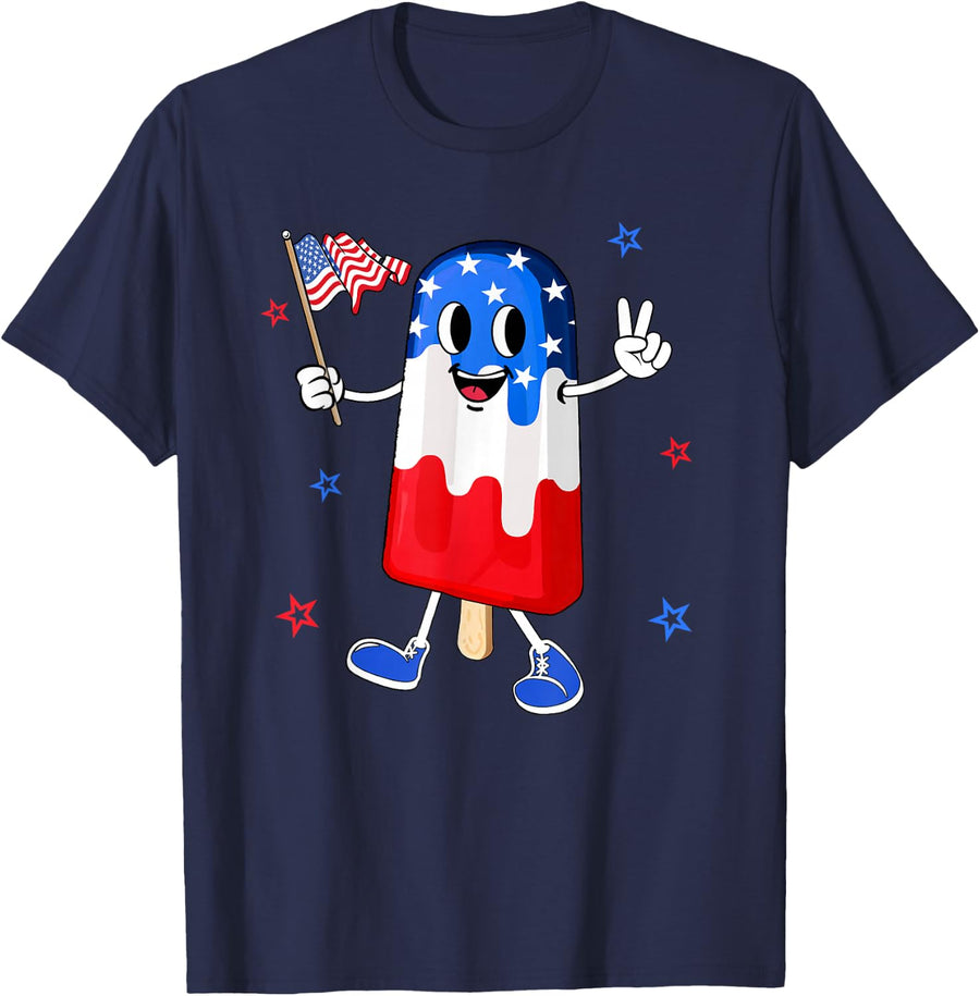 4th Of July boys kids Popsicle USA American flag Patriotic T-Shirt - Navy Blue