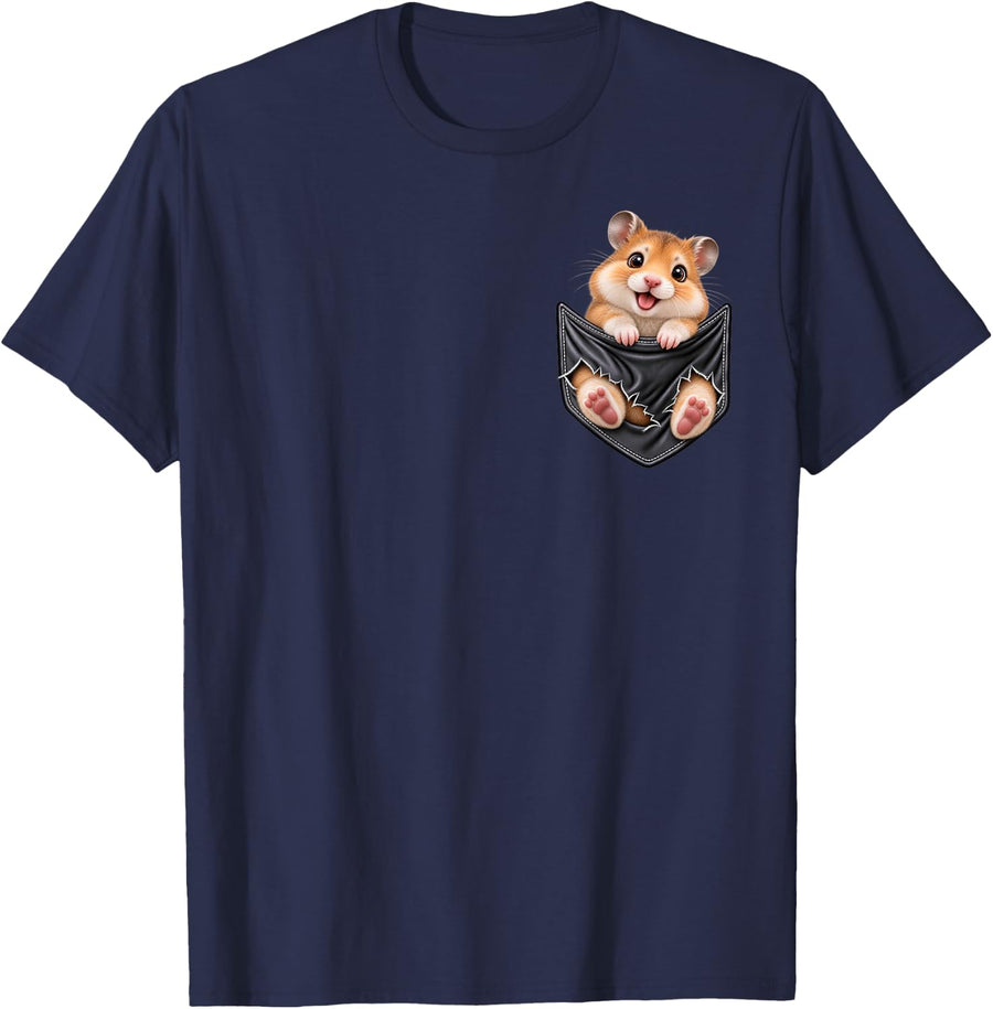 Funny Hamster Pocket for Men and Women Cute Animal Graphic T-Shirt - Navy Blue