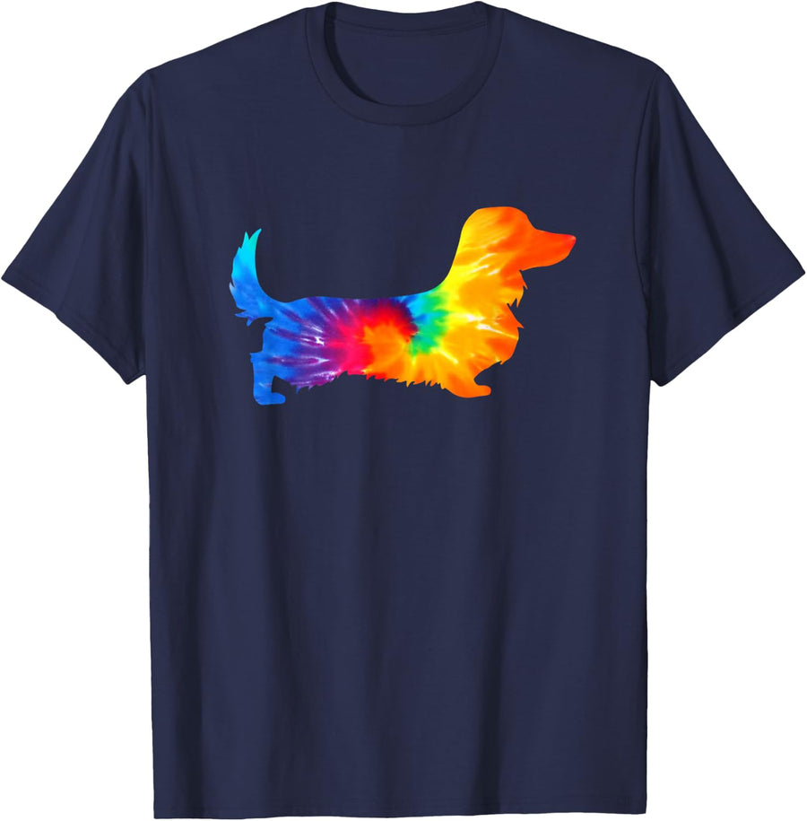 Dachshund Doxie Long Haired Tie Dye Dog Mom Dad Lover Cute T-Shirt - Navy Blue