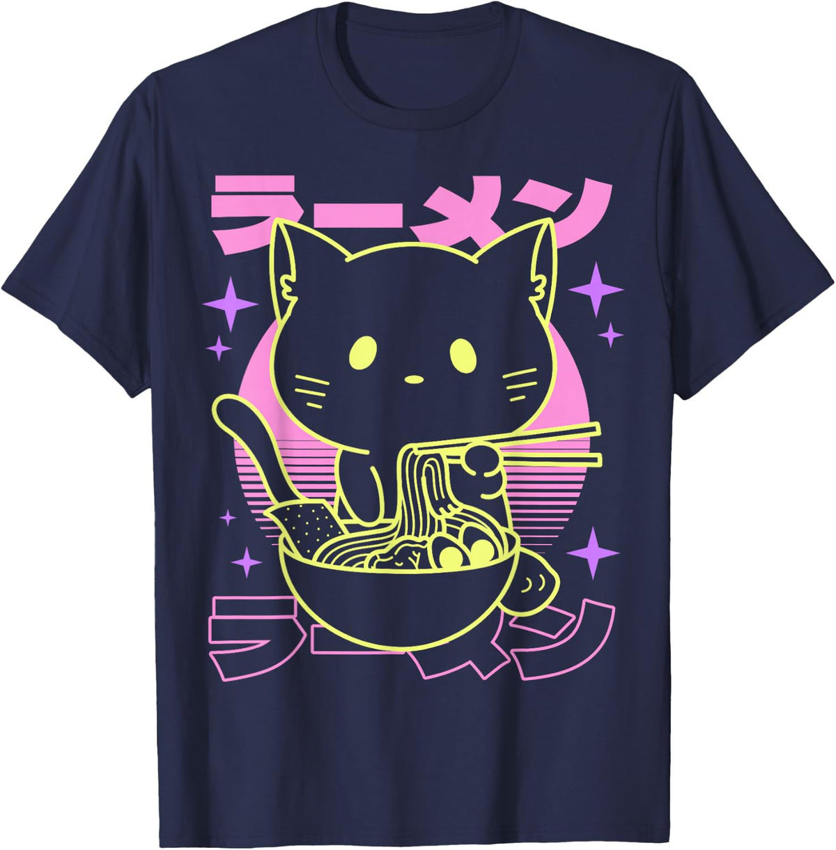 Anime Ramen Cat Japanese Retro Noodles Aesthetic Kawaii Cat Tee T-Shirt - Navy Blue
