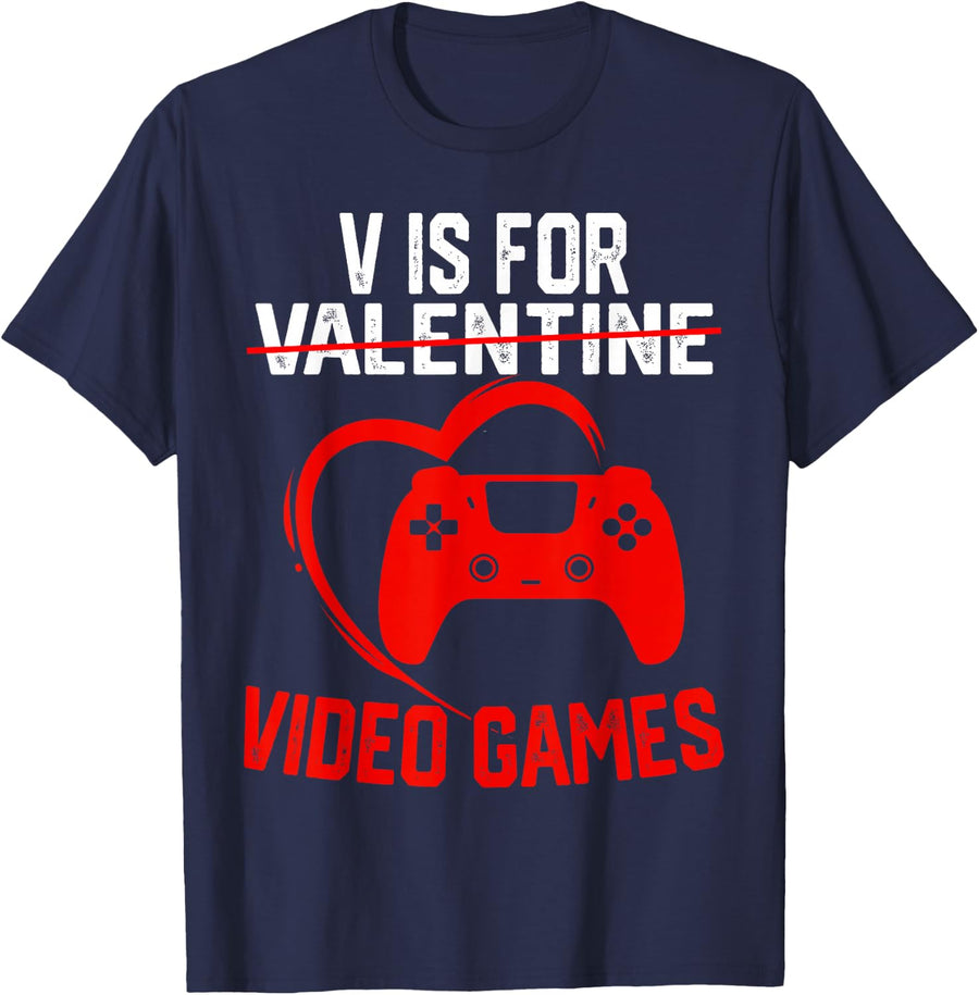 V is for Video Games Valentines Gamer Boy Men Kids T-Shirt - Navy Blue