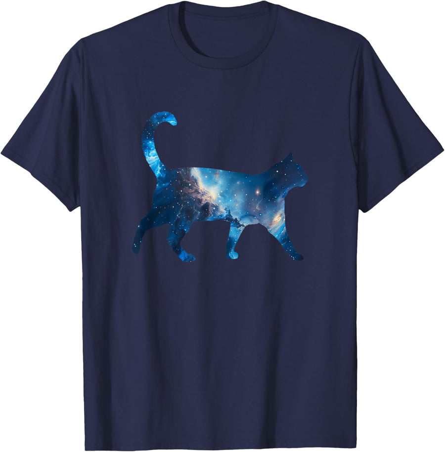 Aesthetic Silhouette Stars Space Galaxy Cat T-Shirt - Navy Blue