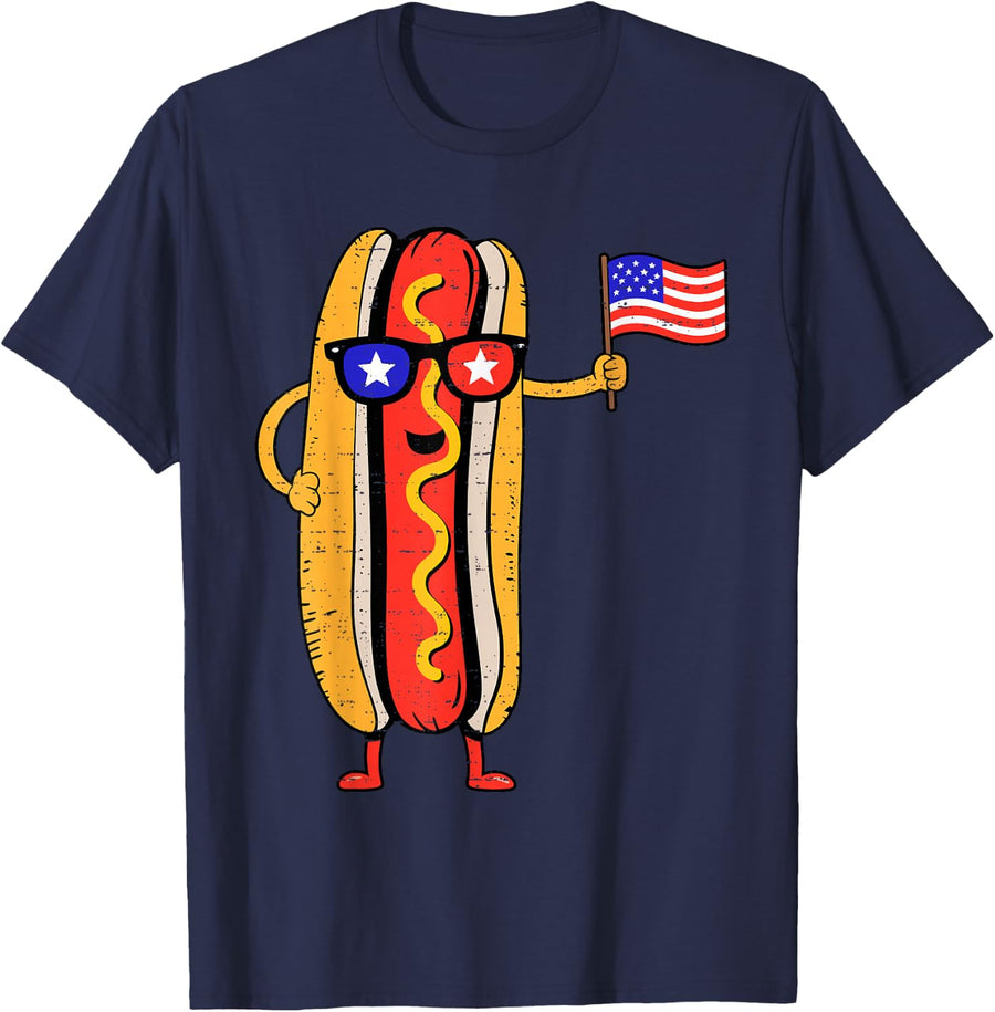 4th of July Hotdog American Flag Funny 4th Of July Patriotic T-Shirt - Navy Blue