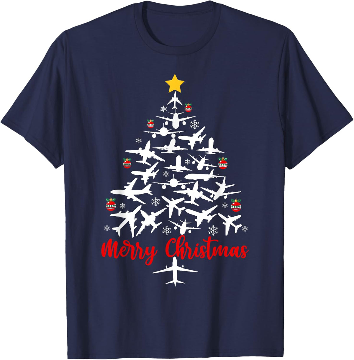 Airplane Christmas Tree Merry Christmas Men Women Kids T-Shirt - Navy Blue