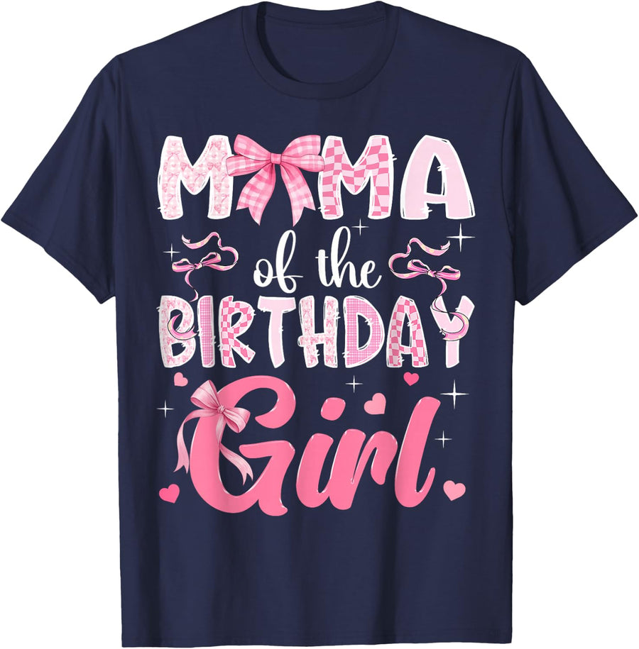 Mama of The Birthday Girl Pink Coquette Bow Family T-Shirt - Navy Blue