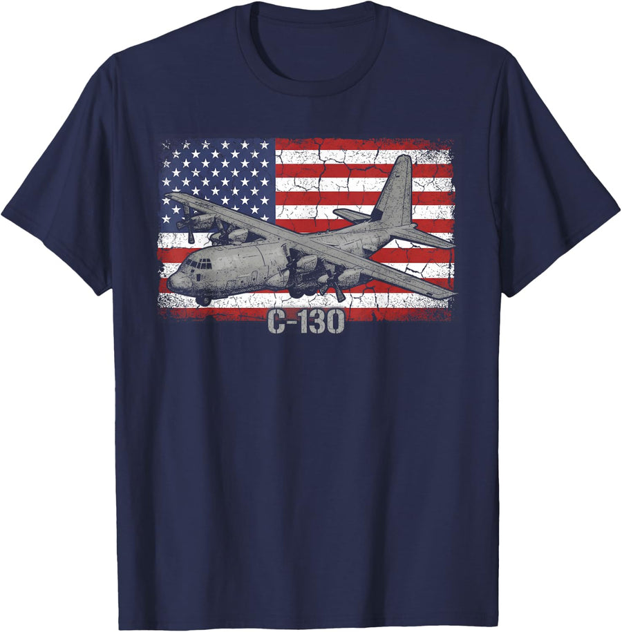 C-130 Combat Air Force Veteran Veterans Day T-Shirt - Navy Blue