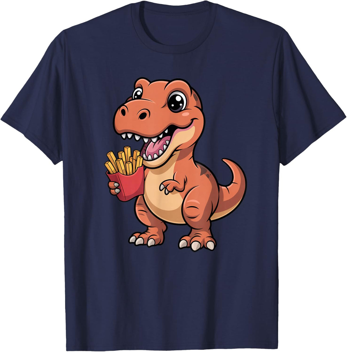 Dinosaur Eating French Fries Shirt Cute T Rex French Fries T-Shirt - Navy Blue
