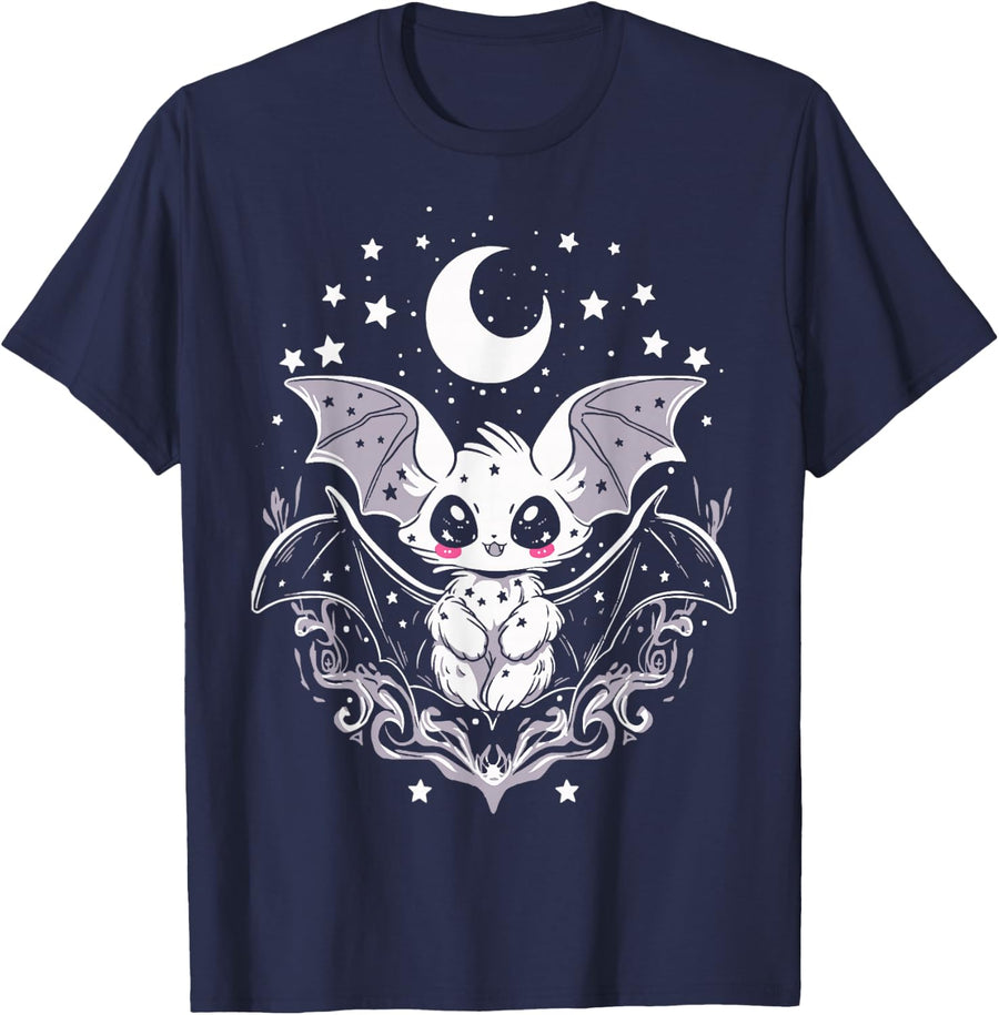 Creepy Cute Kawaii Moon Bat | Spooky Pastel Goth Yami Kawaii T-Shirt - Navy Blue