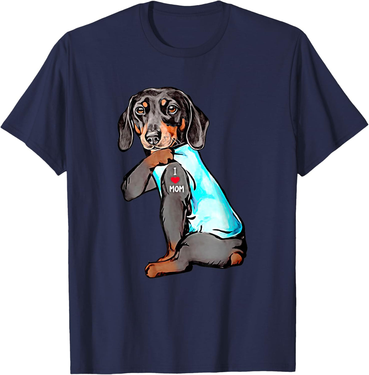 Funny Dachshund Dog Tattoo I Love Mom Dogmom Gift T-Shirt - Navy Blue