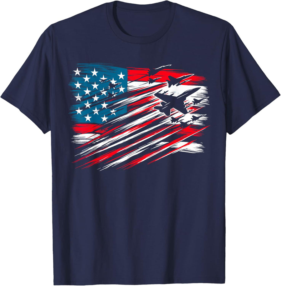 Patriotic USA Flag Fighter Jets 4th of July T-Shirt - Navy Blue
