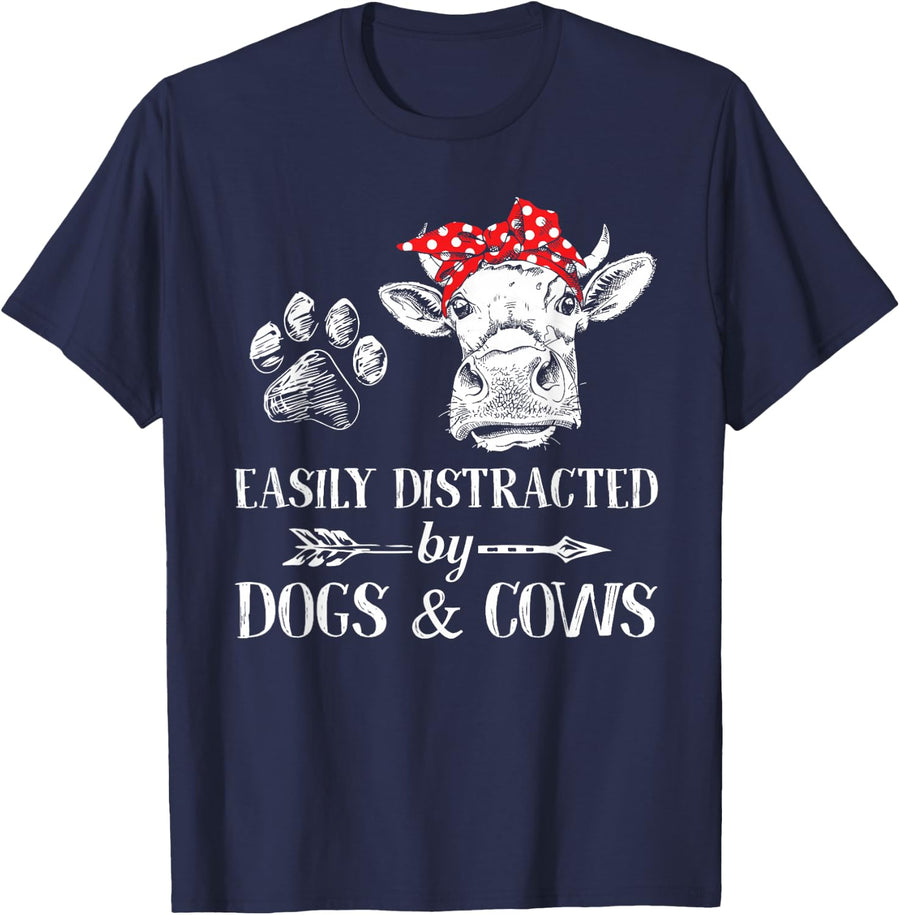 Easily Distracted By Dogs And Cows Men Women Gift T-Shirt - Navy Blue