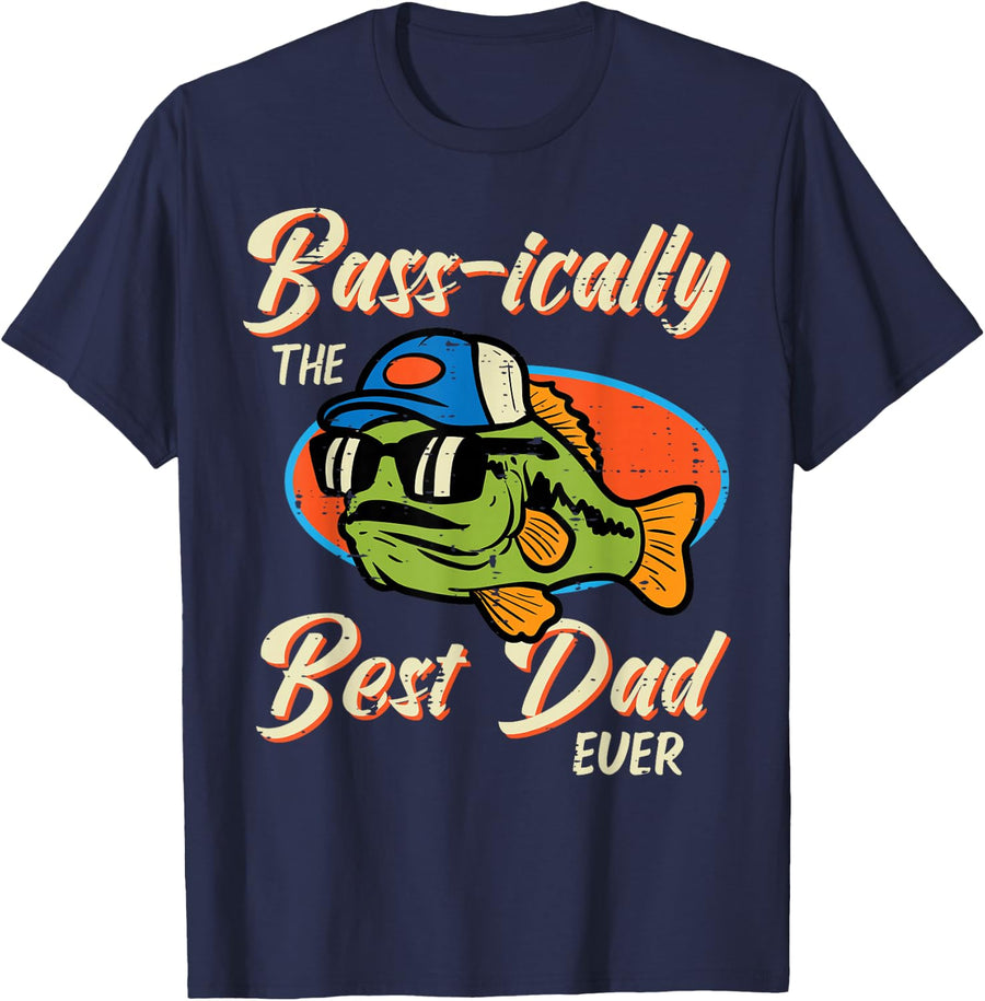 Fathers Day Bass Best Dad Ever Fishing Daddy Papa Fisherman T-Shirt - Navy Blue
