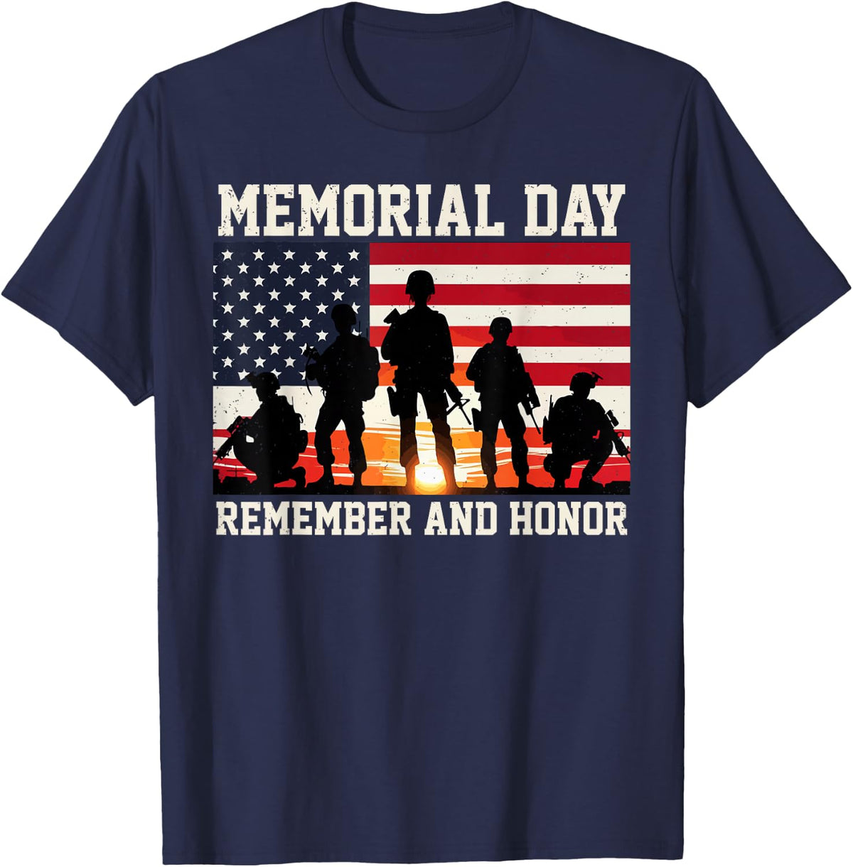 Remember And Honor Memorial Day Veteran Army American Flag T-Shirt - Navy Blue