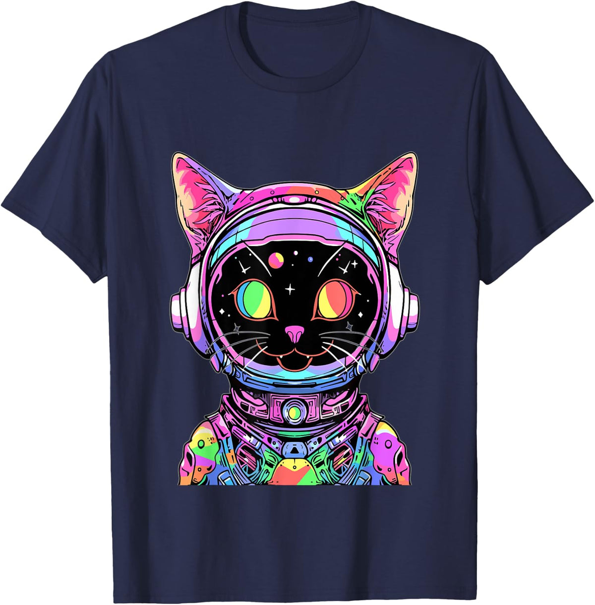 Psychedelic Astronaut Cat Electronic Music Rave T-Shirt - Navy Blue
