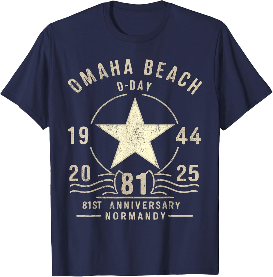 D-Day 81st Anniversary 2025 Normandy D-Day Omaha Beach 1944 T-Shirt - Navy Blue