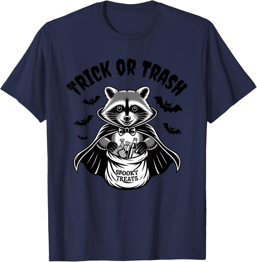 Trick or Trash Spooky Raccoon Vampire Trash Panda Halloween T-Shirt - Navy Blue