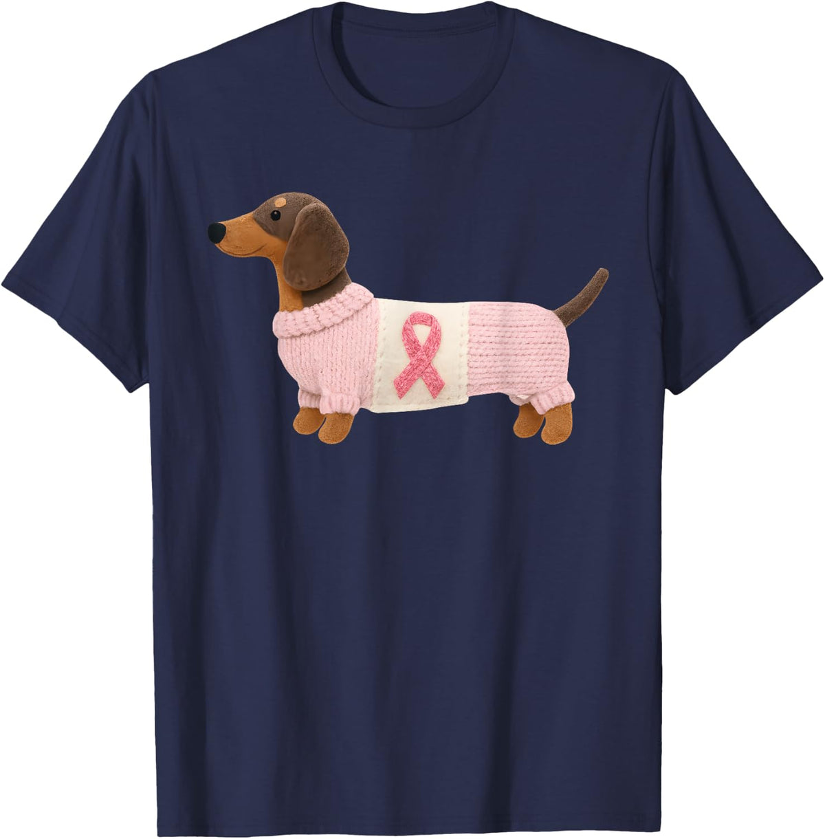 Dachshund Pink Ribbon Breast Cancer Awareness Support T-Shirt - Navy Blue