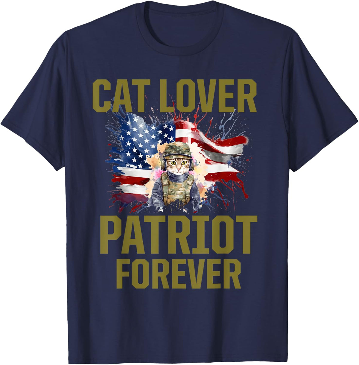 Cat Lady Veteran United States US Female Army Military Flag T-Shirt - Navy Blue
