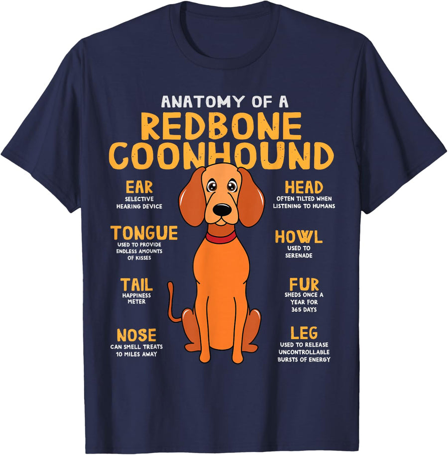 Redbone Coonhound Anatomy Funny Dog Mum Dad Gift T-Shirt - Navy Blue