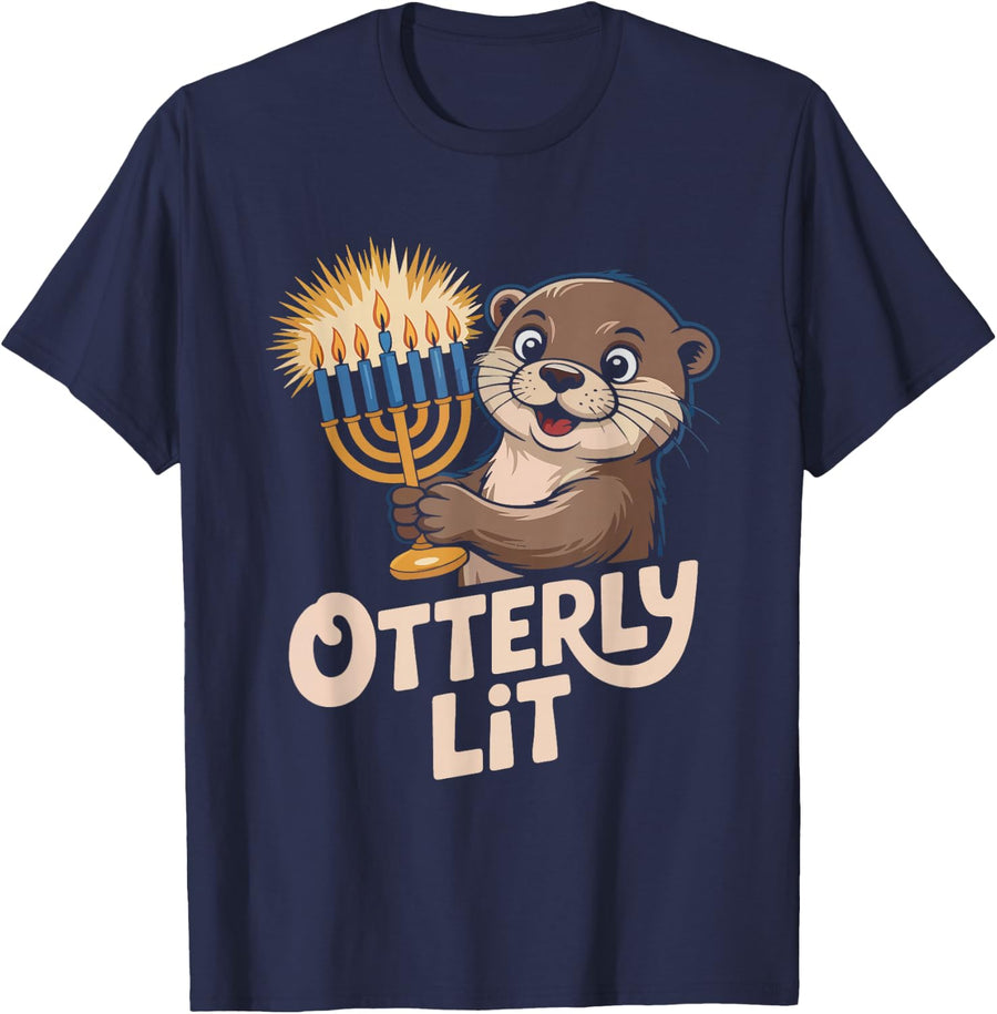 Funny Hanukkah Otter Dreidel Jewish Animal Humor Pun T-Shirt - Navy Blue