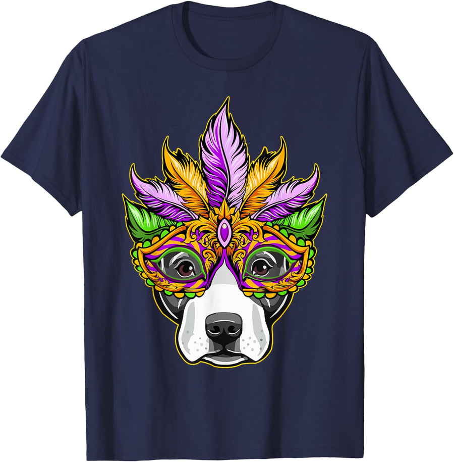 Mardi Gras Dog Mask Pitbull Funny Party Carnival Gift T-Shirt for Men Women Kids - Navy Blue